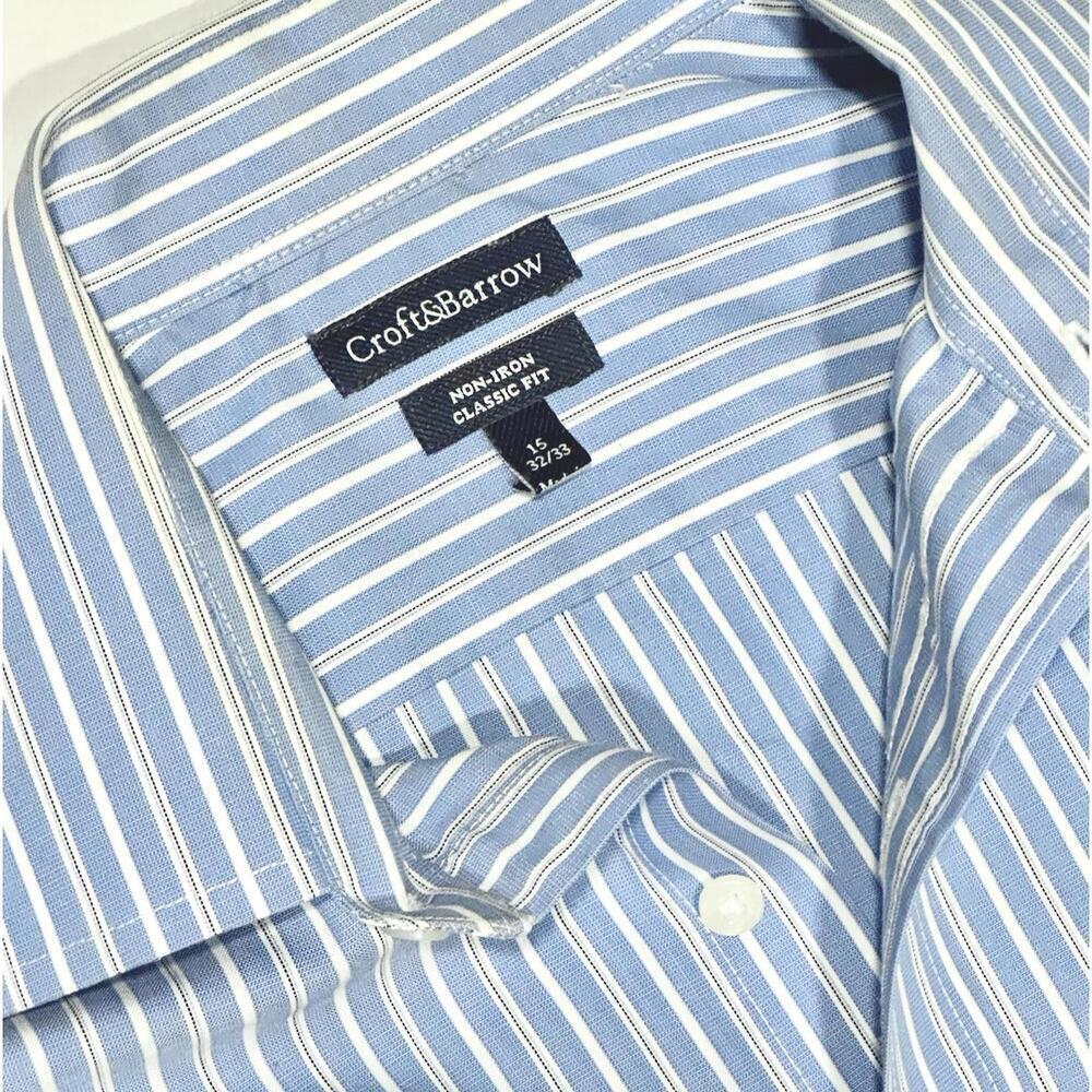 Croft & Barrow Men's Classic Fit Non-Iron Cotton Blue & White Stripes 15 32/33 - Picture 15 of 15